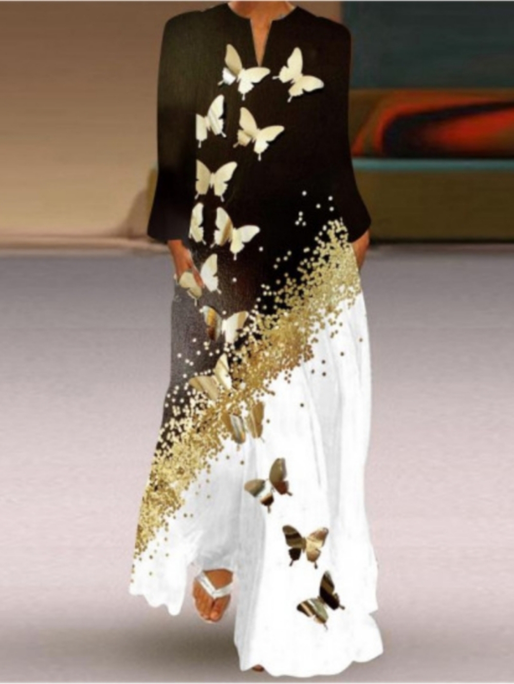 Butterfly Print Black & White Maxi Dress